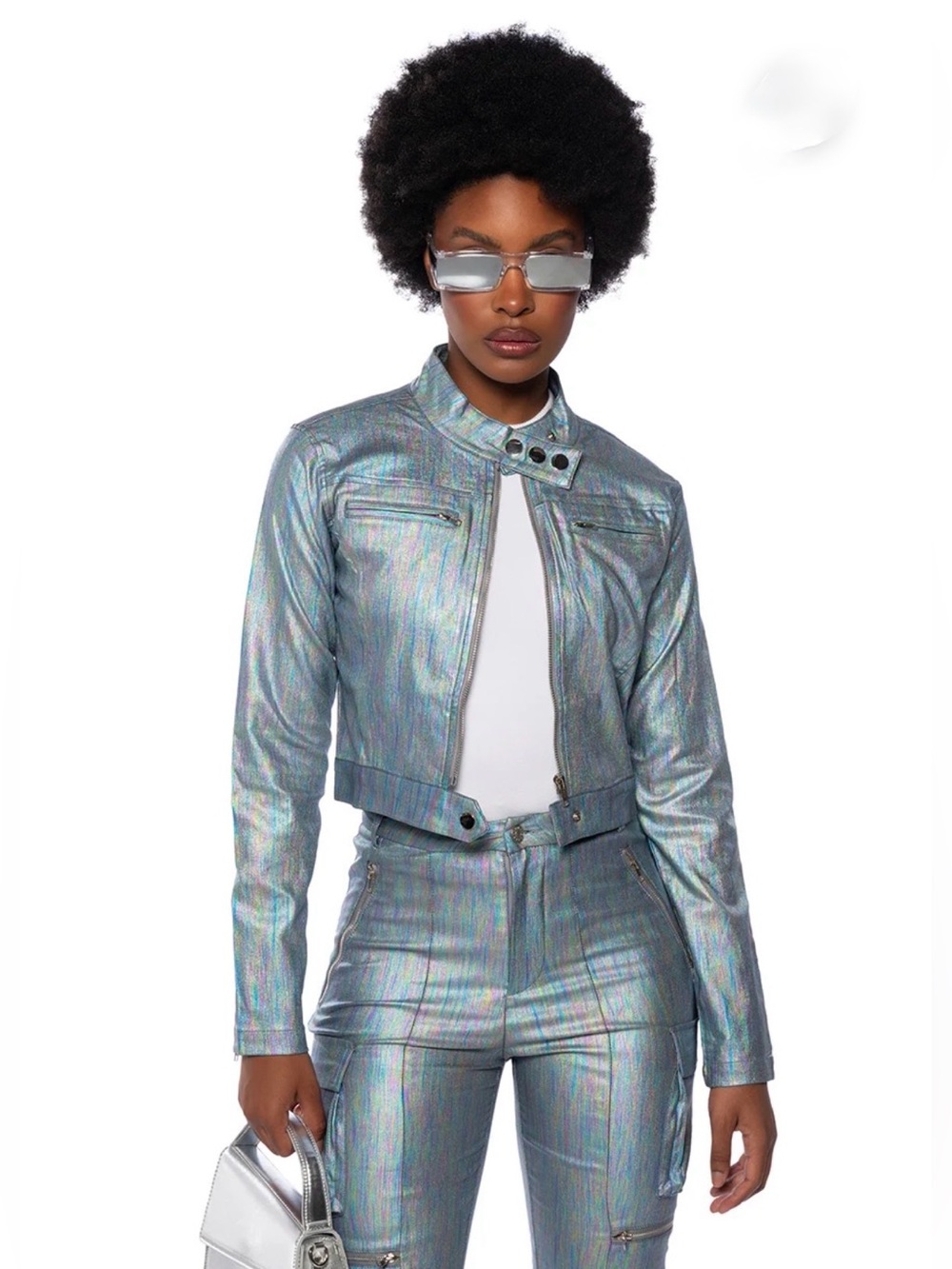 🥶 AKIRA Iridescent Silver Cropped Moto Blue Denim Jean Jacket Coat Shirt NEW 1X
